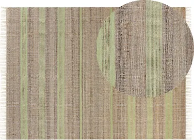 Zdjęcie produktu dla BELIANI Dywan beżowo-zielony juta 160 x 230 cm z frędzlami geometryczny wzór w paski ręcznie pleciony styl boho do przedpokoju korytarza