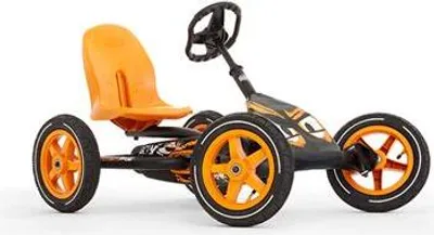 A black and orange go-kart is shown against a white background.