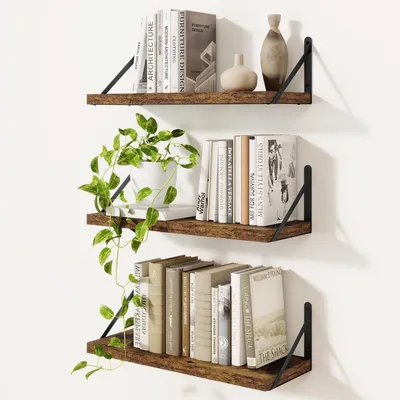 Produktbild von 3er-Set Wandregale, Wandbücherregal, Wandregal aus Holz, schwebendes Regal für Wohnzimmer, Schlafzimmer, Küche, Badezimmer und Arbeitszimmer, 40 x 15 cm, Vintage-Braun