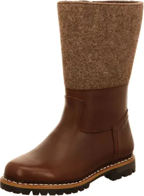 A single brown leather and tan felt boot against a white background.