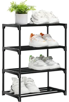 Image de Étagère à chaussures, 4 niveaux, noire, empilable, 44x28x53 cm, en métal et plastique PP