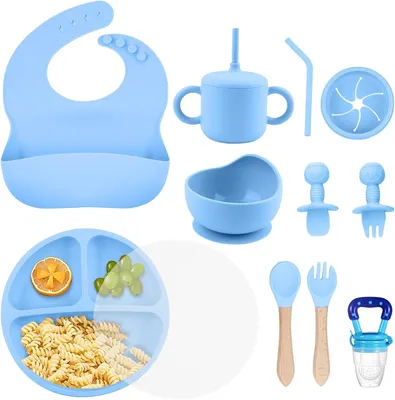 Produktbild von Babyfütter-Set aus Silikon mit Saugnapf 7-teilig Blau