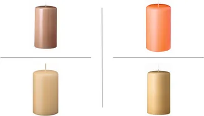 Produktbild von Stumpenkerzen Farbsystem A in der Größe 100/60 mm (H x D), 16 Stück (je 4 Kerzen in der Farbe pinie - lachs - nougat - beige)