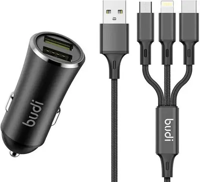 Produktbild von Budi Autoladegert, 2x USB, 2,4A, mit 3in1 USB auf USB-C, Lightning, MicroUSB-Kabel, schwarz