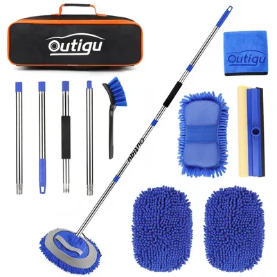 Immagine prodotto di Set di spazzole per il lavaggio auto con manico estendibile (160 cm), mop in microfibra, testina di ricambio, spazzola per cerchi, panno in microfibra, spugna, colore blu