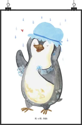 Produktbild von Mr. & Mrs. Panda Bild Pinguin Duschen DIN A2 - Weiß - Geschenk, Singen, Pinguine, Wandbild, Kunstdruck, wanddeko, Dusche, Plakat, drucke, Duschkonzert
