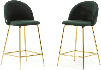 Immagine prodotto di Set di 2 sgabelli da interno in velluto imbottito con gambe in metallo – design moderno ed elegante, ideali per isole da cucina e zone pranzo – SARA XL – Verde scuro/Oro