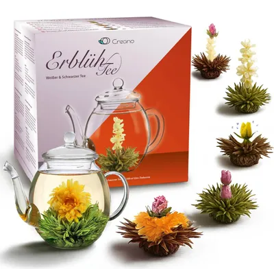 Produktbild von Creano Teeblumen Mix - Geschenkset ErblühTee mit Glaskanne 500ml Weißtee & Schwarztee mit 6 Teekugeln je 3x weißer & schwarzer Tee, Geschenk für Frauen, Mutter, Teeliebhaber