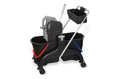Produktbild von Hypafol Reinigungswagen 2 x 25 L | Wischwagen mit Mopp-Presse & Ablage | Schwarz | Doppelkammer-System | Profi-Reinigungswagen