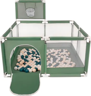 Produktbild von Selonis Laufstall Mit Korb Und 400 Bälle Laufgitter Für Kinder, Grün:Dunkeltürkis/Pastellbeige/Perle