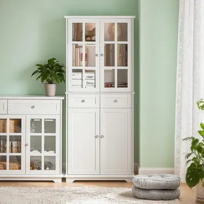 Obrázok produktu pre Komoda – Skrinka s policami – Úložná skrinka – Komoda s zásuvkami – Komoda – 75 x 40 x 175 cm – Biela MDF s presklenými dvierkami