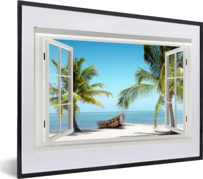 Produktbild von MuchoWow® MuchoWow® Gerahmtes Poster Aussicht - Strand - Palme - Boot - Tropisch - Meer - Blau 60x40 cm - Poster mit zchwarzem Bilderrahmen - Schlafzimmer - Plakat in Rahmen - Drucken