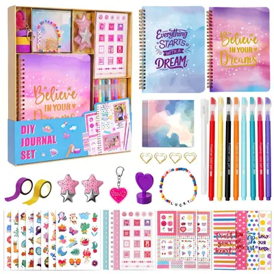 Produktbild von DIY Tagebuch Set für Mädchen ab 8 Jahre, Kinder Tagebuch mit Stiften, Stickern & Accessoires, Scrapbook Set Mädchen, Notizbuch Kinder, Geschenk für Mädchen 8 9 10 11 12 Jahre, Schrein Set