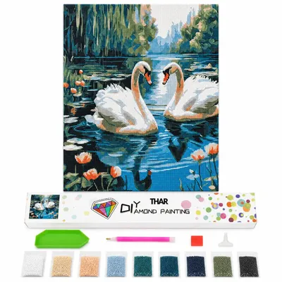 Imagen del producto de THAR, Kit completo para pintura con diamantes, "Pareja de cisnes en el lago", 40 x 50 cm