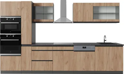 Produktbild von Küchenzeile Vicco R-Line Goldkraft Eiche/Anthrazit 350 cm J-Shape, mit Hochschrank, ohne Arbeitsplatte, Model 39844