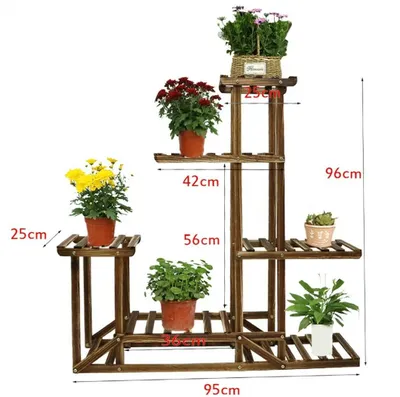 A wooden plant stand with multiple tiers holding various potted plants, with dimensions indicated by measurement lines and text.