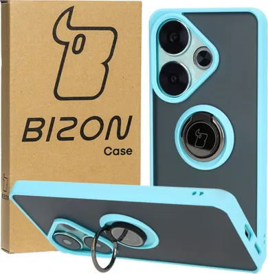 Produktbild von Bizon Case Hybrid Ring Fingerring Hülle für Xiaomi Poco F6, Rauch mit hellblauem Rahmen