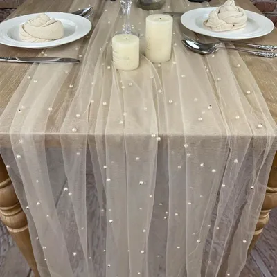 Produktbild von 9,8 Fuß Gaze-Tischläufer, Chiffon-Käsetuch-Tischläufer mit Kunstperlen, Esstisch-Dekorationstuch für Zuhause, Geburtstag, Feiertagsparty