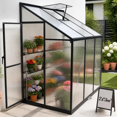 Productafbeelding van YARDIN Aangebouwde kas, 185x110x195 cm, kas, plantenkas met polycarbonaatplaten, winterkas voor planten in potten, tuinkas, 2,03 m²