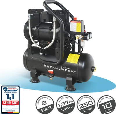 Produktbild von STAHLWERK Kompressor mit 10 L Tank (ST-110 Pro) – ölfrei & leise, 8 bar, Silent-Druckluftkompressor mit Brushless-Motoren, 1,97 PS, 1,45 kW, 250 l/min