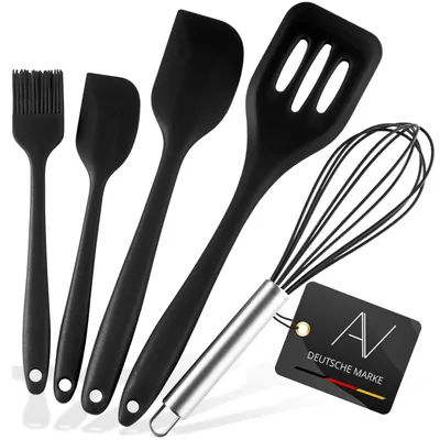 Produktbild von Küchenutensilien-Set, 5-teilig, hitzebeständige Kochutensilien, Antihaftbeschichtung: Schneebesen, Spatel, Backpinsel, Wender (schwarz)