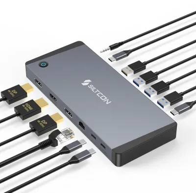 Produktbild von Siltcon® 14-in-1 USB-C Dockingstation – 2x DisplayPort & HDMI 4K 60Hz – RJ45 – 100W PD – USB-C/USB-A – Spacegrey