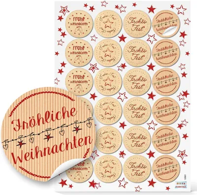 Produktbild von 24 Weihnachtsaufkleber Aufkleber rot beige natur FROHE WEIHNACHTEN Ø 4 cm Sticker Geschenkaufkleber give-away Kunden-Geschenke Etiketten Geschenkverpackung weihnachtlich Papiertüten zukleben48 Aufkleber / 2 Bögen