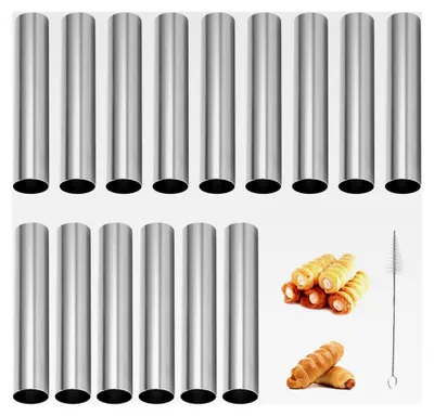 Produktbild von Cannoli Backform Set - 15 Stück Edelstahl Formen, 12 cm Röhrchen mit Reinigungsbürste, Antihaft Schillerlockenform, Schaumrollenformen, Croissant Form, Backzubehör