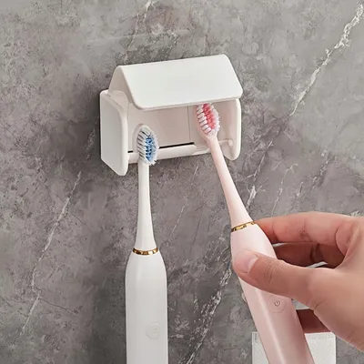 Image de Support pour brosses à dents, adhésif, sans perçage, pour fixation murale, compatible avec les brosses à dents électriques et manuelles, de couleur blanche