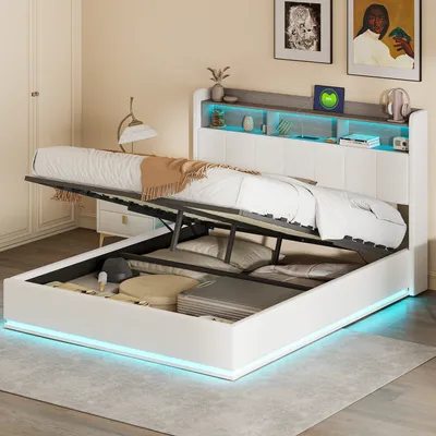 Produktbild von Čalouněná postel Fortuna Lai 140x200 cm s USB, postel pro mladé Manželská postel s roštem a úložným prostorem, úložná postel s LED, samet, béžová barva