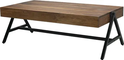 Couchtisch Sheesham 120cm mit massiver Holzplatte und schwarzem Metallgestell, Gesamtansicht von schräg oben.