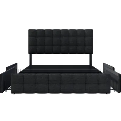 Produktbild von Flieks Polsterbett 140x200cm Doppelbett mit Schubladen und Lattenrost, Stauraumbett Funktionsbett Holzbett Ehebett Jugendbett, Leinenmaterial, Schwarz
