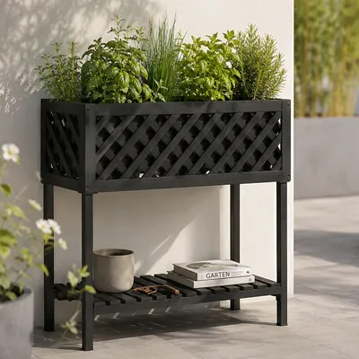 Immagine prodotto di Fioriera HWC-P86, vaso per fiori e piante, per interni ed esterni, in legno di acacia ®, 78x82x32 cm ~ nero