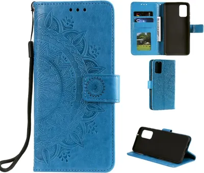 A collage of images showing a blue flip phone case with a mandala design.