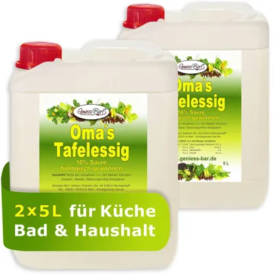 Produktbild von 2x 5L Oma`s Tafelessig 10% Säure / Geschmacks Sieger für die gute Küche / Biologisch gewonnen / Glanz im Bad / Entkalken ohne Chemie / Premium Haushaltsessig