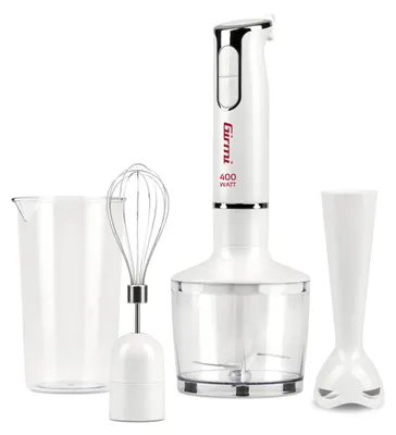 Productafbeelding van Girmi MX17 staafmixer met set, 3-in-1: mixer, staafmixer en garde, 400 W, DC-motor, 2 snelheden, roestvrijstalen messen, inclusief 700 ml maatbeker, wit.
