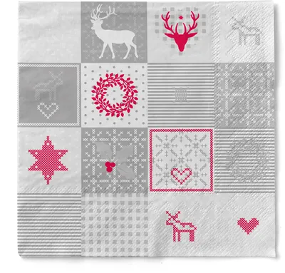 Produktbild von Tissue Serviette Pepe in Grau-Rot, 3-lagig, 40 x 40 cm, 100 Stück - Mank - Weihnachten Patchwork Landhaus-Stil