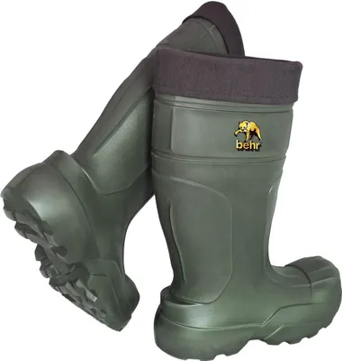 A pair of green rubber boots with gray fabric lining.