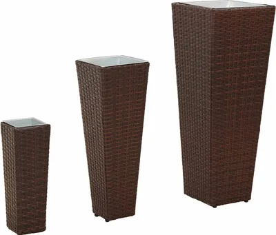 Produktbild von 3er Set Pflanzgefäße Metall Rattan-Look für Außenbereich, entnehmbarer Innentopf, verschiedene Größen