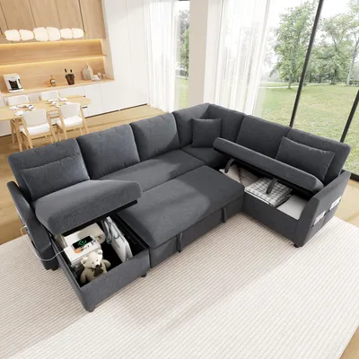 Immagine prodotto di Divano angolare STILVORA con funzione letto, divano componibile con chaise longue e spazio contenitivo, divano letto con porta USB/Type-C, divano con tasca laterale