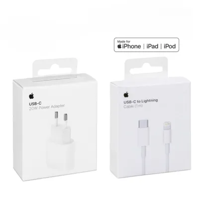 Two product boxes for Apple chargers and cables are shown side-by-side against a white background.
