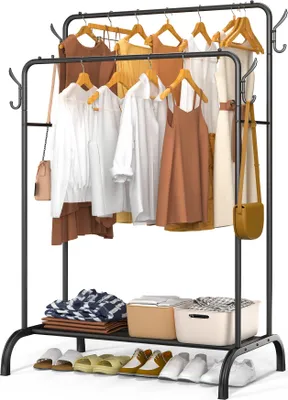 Produktbild von VOUNOT® Doppelt Kleiderständer, Metall Kleiderstange Garderobenständer mit Schuhregal und 4 seitlichen Haken 110x58x150cm Schwarz