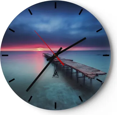 Produktbild von Wanduhr - Rund - Glasuhr - Brücke Meer Landschaft - 30x30cm - Schleichendes Uhrwerk - Lautlos - zum Aufhängen bereit - Dekoration Modern - Wanddekoration aus Glas - C3AR30x30-4955
