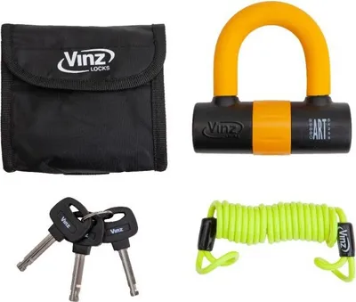Produktbild von VINZ Dinara Bremsscheibenschloss ART4 | Schloss für Motorrad Roller Moped Scooter für Bremsscheiben mit Errinerungskabel | Scheibenschloss mit 3 Schlüssel | Orange