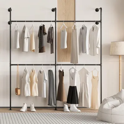 Image de Porte-vêtements mural - Étagère à vêtements - Barre de penderie - Rangement pour vêtements - Armoire ouverte - Style industriel