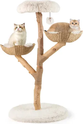 Image de Arbre à chat - Tour d'escalade pour chats - Hauteur 122 cm - 3 niveaux - 2 paniers en rotin - Siège en peluche douce - Corde en jute et balle - Bois massif - Blanc