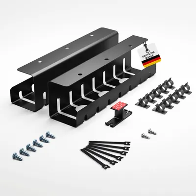 A set of black cable management organizers and accessories laid out on a white background.