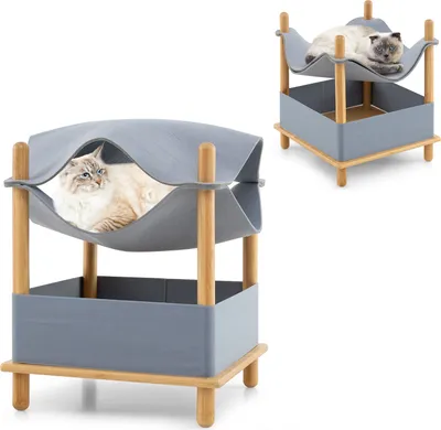 Image de COSTWAY Maison pour chat 2 étages en bambou, lit surélevé pour chat avec espace de rangement, hamac ou grotte pour chat, meuble pour chat chat animal domestique Indoor, 40x40x53cm