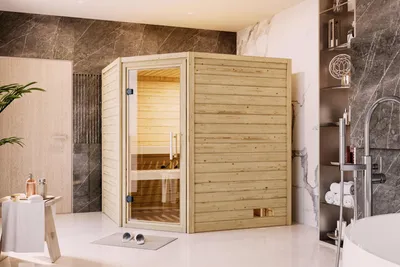 Produktbild von Sauna Mia : ohne Licht-Dachkranz : 9 kW  Ofen + Steuergerät Easy  : Klare Ganzglastür Licht-Dachkranz: ohne Licht-Dachkranz Saunaofen: 9 kW  Ofen + Steuergerät Easy  Saunatür: Klare Ganzglastür