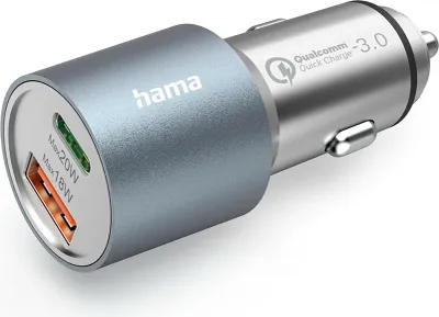 Obrázok produktu pre HAMA Rýchla autonabíjačka, 1x USB-C PD, 1x USB-A QC, 38 W, kov